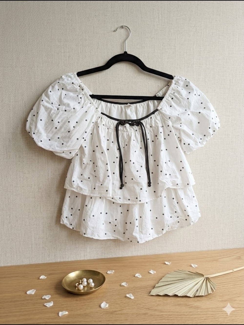 Women’s White Polka Dot Puff Sleeve Peplum Top